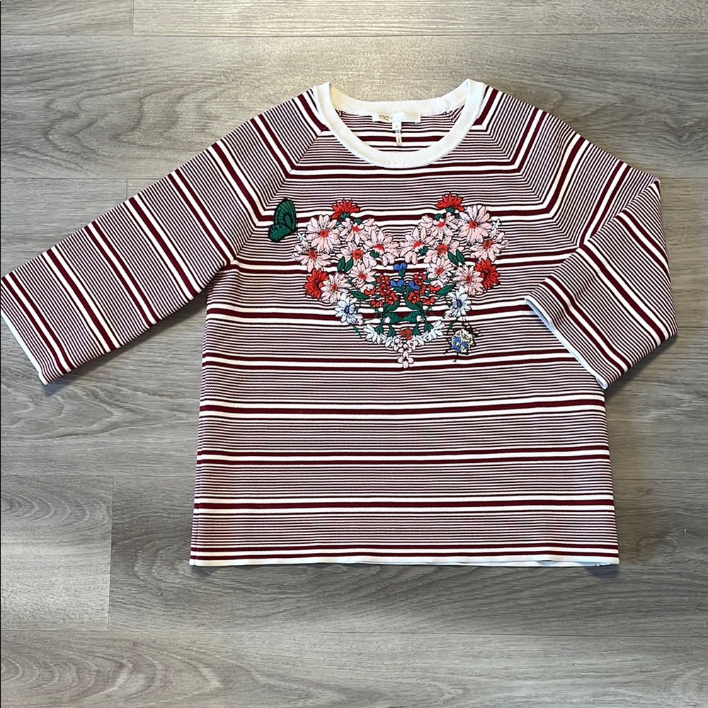 💐🌹Maje Red Striped 3/4 sleeve shirt with floral Heart